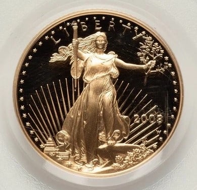 2003-W PROOF GOLD EAGLE 1/4 OZ BLUE LABEL: 2003-W Proof Gold Eagle 1/4 oz Blue Label Year: 2003 Composition: GOLD Denomination: $10 Country of Origin: United States Accessories: None Accessories Notice: When purchasing pre-owned goods, please