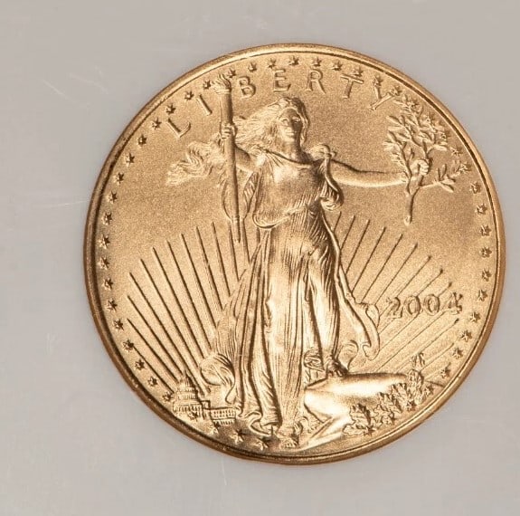 2004 G$25 1/2 OZ GOLD AMERICAN EAGLE: 2004 G$25 1/2 oz Gold American Eagle Brand/Mint: U.S. Mint Year: 2004 Fineness: 0.9167 Country of Origin: United States Accessories: None Accessories Notice: When purchasing pre-owned goods, please