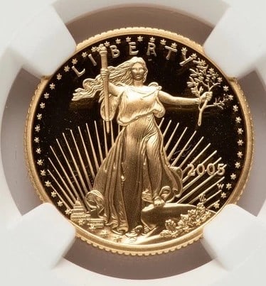 2005-W PROOF GOLD EAGLE 1/4 OZ RED BOOK: 2005-W Proof Gold Eagle 1/4 oz Red Book Year: 2005 Composition: GOLD Denomination: $10 Country of Origin: United States Accessories: None Accessories Notice: When purchasing pre-owned goods, please