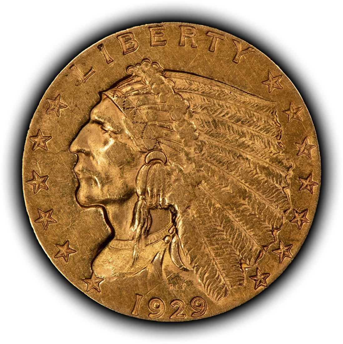 1929 G$2.50 INDIAN HEAD GOLD QUARTER EAGLE - LUSTER: 1929 G$2.50 Indian Head Gold Quarter Eagle - Luster Brand/Mint: U.S. Mint Year: 1929 Fineness: 0.9 Country of Origin: United States Accessories: None Accessories Notice: When purchasing pre-owned g