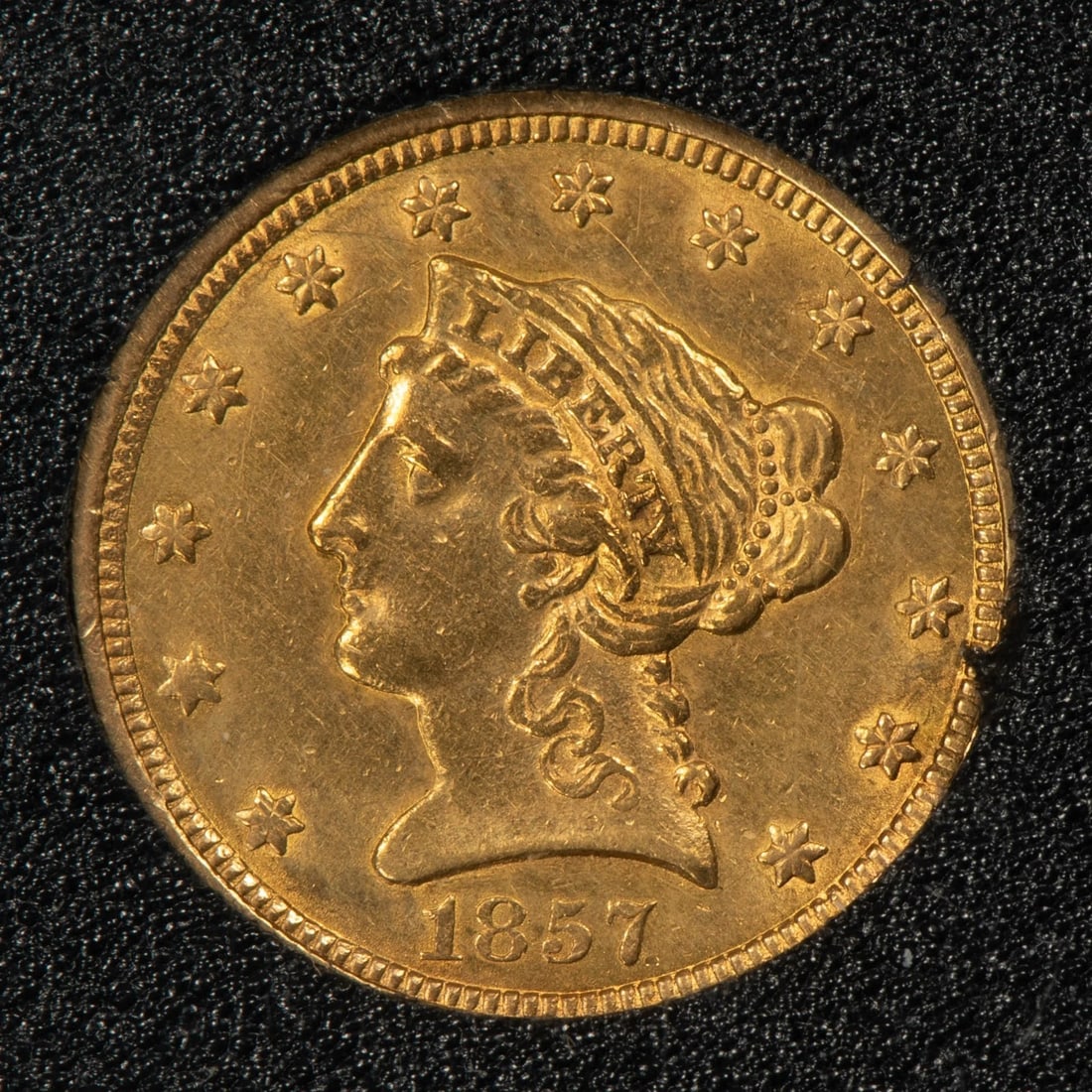 1857 G$2.50 LIBERTY HEAD GOLD QUARTER EAGLE: 1857 G$2.50 Liberty Head Gold Quarter Eagle Brand/Mint: U.S. Mint Year: 1857 Fineness: 0.9 Country of Origin: United States Accessories: None Accessories Notice: When purchasing pre-owned goods, pl