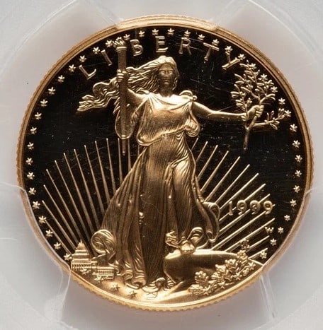 1999-W PROOF GOLD EAGLE 1/2 OZ BLUE GRADIENT: 1999-W Proof Gold Eagle 1/2 oz Blue Gradient Year: 1999 Composition: GOLD Denomination: $25 Country of Origin: United States Accessories: None Accessories Notice: When purchasing pre-owned goods, p