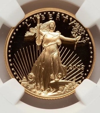 2003-W PROOF GOLD EAGLE 1/4 OZ RED BOOK: 2003-W Proof Gold Eagle 1/4 oz Red Book Year: 2003 Composition: GOLD Denomination: $10 Country of Origin: United States Accessories: None Accessories Notice: When purchasing pre-owned goods, please