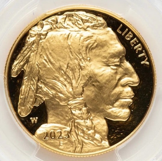 2023-W PROOF GOLD BUFFALO 1 OZ AR: 2023-W Proof Gold Buffalo 1 oz AR Year: 2023 Composition: GOLD Denomination: $50 Country of Origin: United States Accessories: None Accessories Notice: When purchasing pre-owned goods, please refer