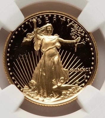 1991-P PROOF GOLD EAGLE 1/4 OZ RED BOOK: 1991-P Proof Gold Eagle 1/4 oz Red Book Year: 1991 Composition: GOLD Denomination: $10 Country of Origin: United States Accessories: None Accessories Notice: When purchasing pre-owned goods, please