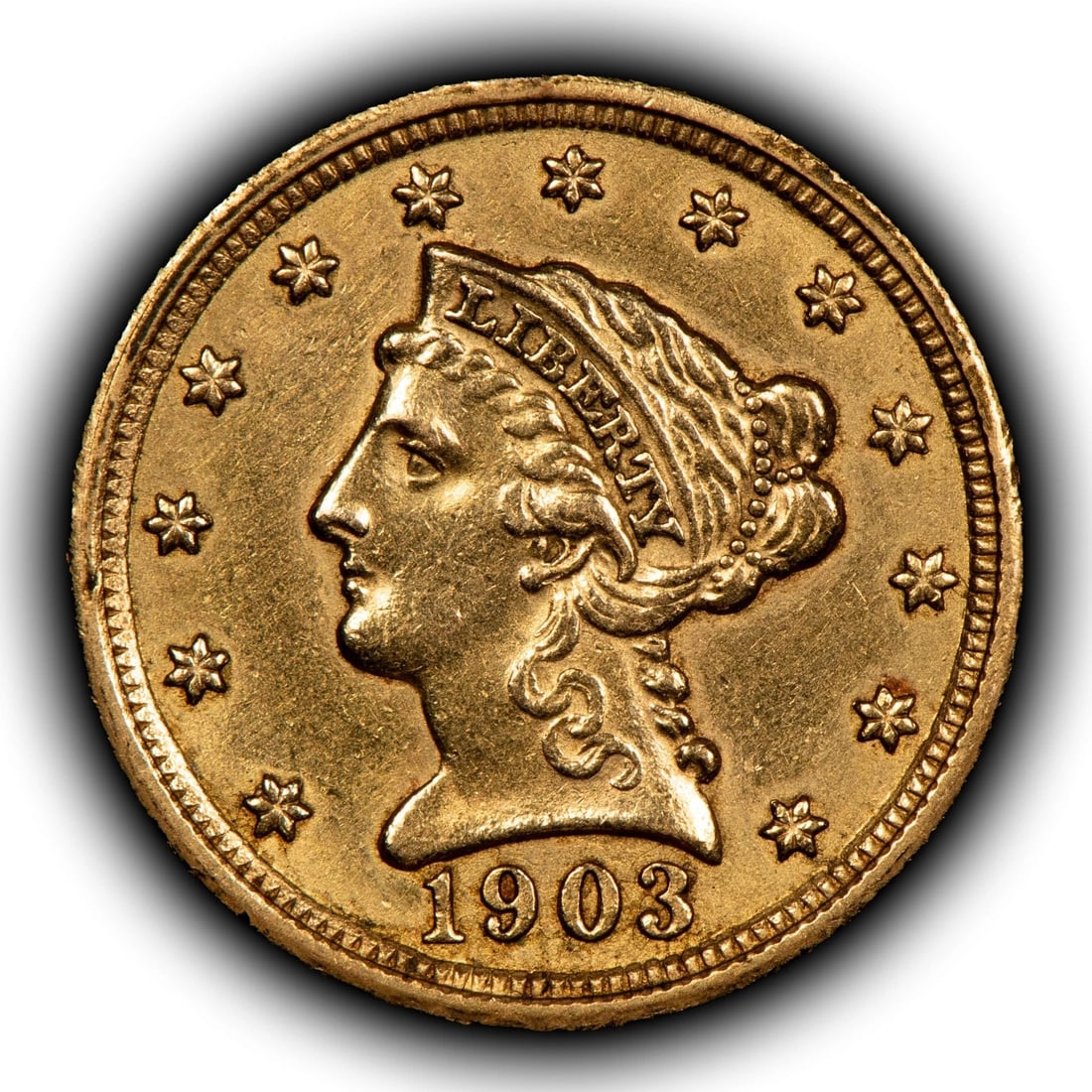 1903 G$2.50 LIBERTY HEAD GOLD QUARTER EAGLE: 1903 G$2.50 Liberty Head Gold Quarter Eagle Brand/Mint: U.S. Mint Year: 1903 Fineness: 0.9 Country of Origin: United States Accessories: None Accessories Notice: When purchasing pre-owned goods, pl