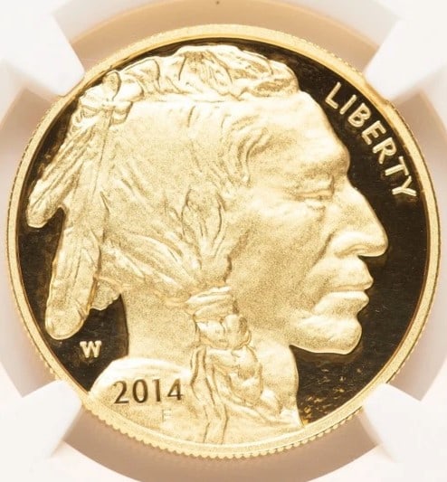 2014-W PROOF GOLD BUFFALO 1 OZ ER BLUE: 2014-W Proof Gold Buffalo 1 oz ER Blue Year: 2014 Composition: GOLD Denomination: $50 Country of Origin: United States Accessories: None Accessories Notice: When purchasing pre-owned goods, please