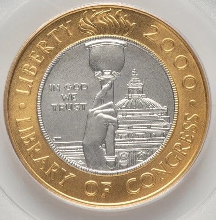 2000-W $10 LIBRARY OF CONGRESS BI-METALLIC GOLD OZ AND PLATINUM: 2000-W $10 Library of Congress Bi-Metallic Gold oz and Platinum Year: 2000 Composition: None Denomination: $10 Country of Origin: United States Accessories: None Accessories Notice: When purchasing