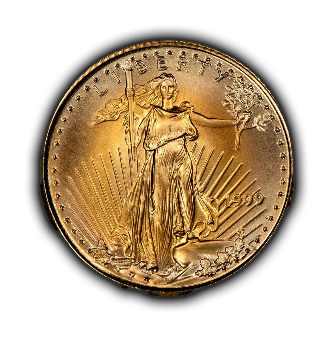 1999 G$5 1/10 OZ GOLD AMERICAN EAGLE - FROSTY RIM TONING: 1999 G$5 1/10 oz Gold American Eagle - Frosty Rim Toning Brand/Mint: U.S. Mint Year: 1999 Fineness: 0.9167 Country of Origin: United States Accessories: None Accessories Notice: When purchasing pre