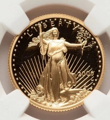 2006-W PROOF GOLD EAGLE 1/4 OZ RED BOOK: 2006-W Proof Gold Eagle 1/4 oz Red Book Year: 2006 Composition: GOLD Denomination: $10 Country of Origin: United States Accessories: None Accessories Notice: When purchasing pre-owned goods, please