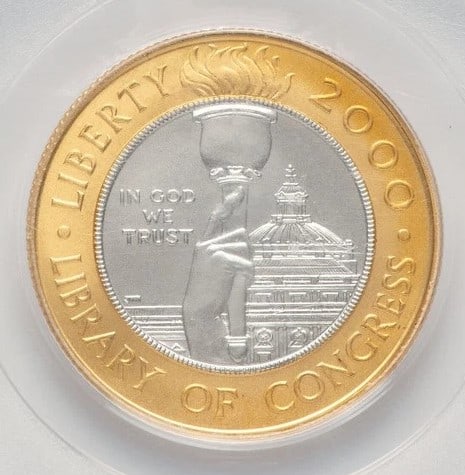 2000-W $10 LIBRARY OF CONGRESS BI-METALLIC GOLD AND PLATINUM: 2000-W $10 Library of Congress Bi-Metallic Gold and Platinum Year: 2000 Composition: None Denomination: $10 Country of Origin: United States Accessories: None Accessories Notice: When purchasing pr