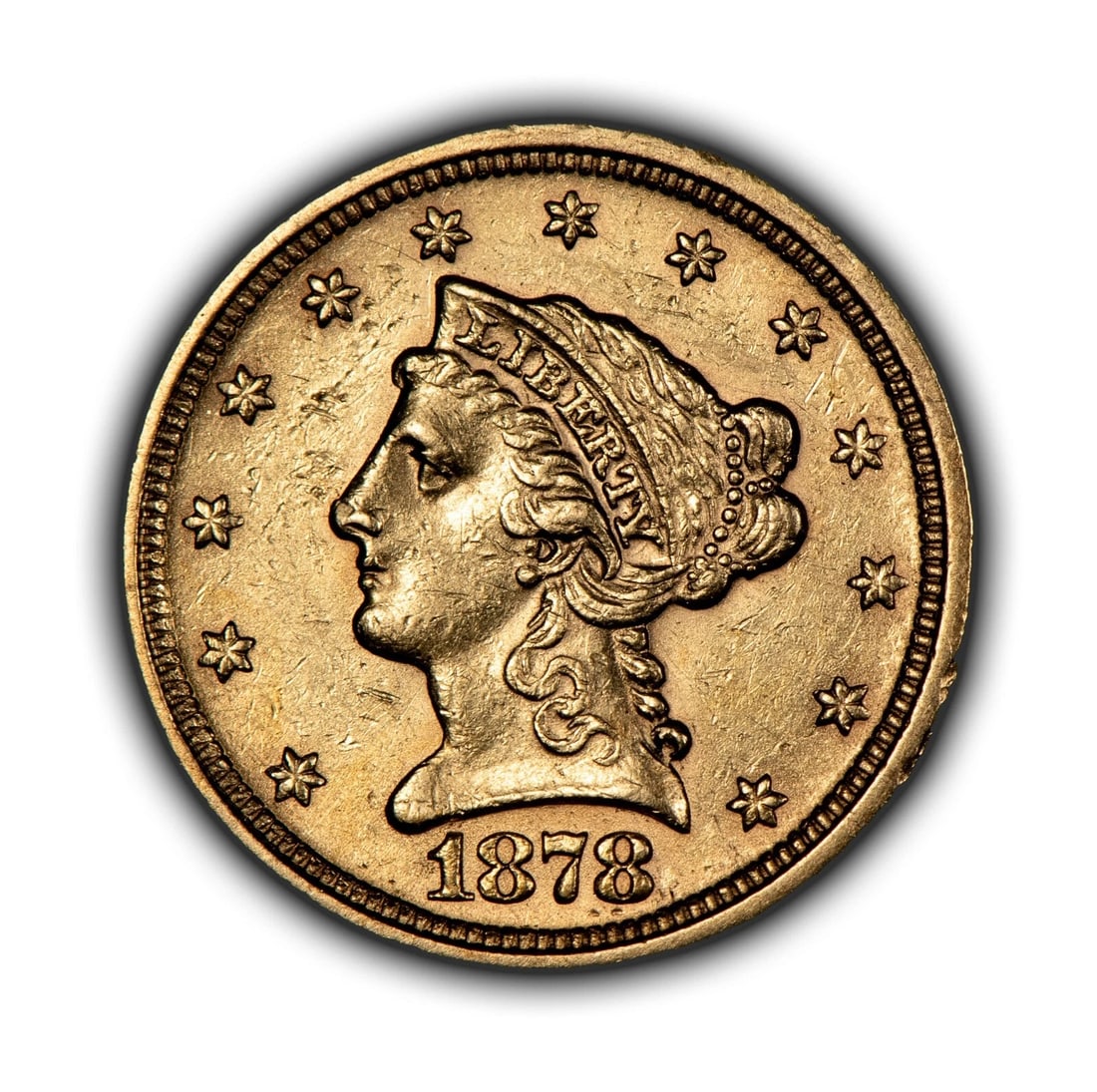 1878 G$2.50 LIBERTY HEAD GOLD QUARTER EAGLE: 1878 G$2.50 Liberty Head Gold Quarter Eagle Brand/Mint: U.S. Mint Year: 1878 Fineness: 0.9 Country of Origin: United States Accessories: None Accessories Notice: When purchasing pre-owned goods, pl