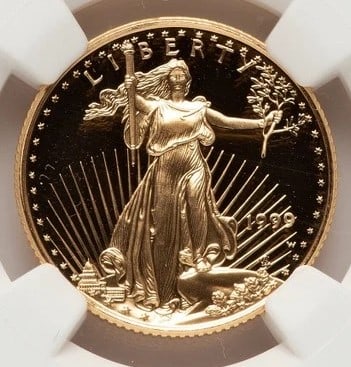 1999-W PROOF GOLD EAGLE 1/4 OZ RED BOOK: 1999-W Proof Gold Eagle 1/4 oz Red Book Year: 1999 Composition: GOLD Denomination: $10 Country of Origin: United States Accessories: None Accessories Notice: When purchasing pre-owned goods, please