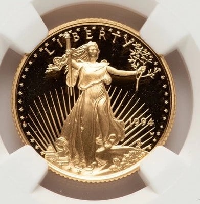 1994-W PROOF GOLD EAGLE 1/4 OZ RED BOOK: 1994-W Proof Gold Eagle 1/4 oz Red Book Year: 1994 Composition: GOLD Denomination: $10 Country of Origin: United States Accessories: None Accessories Notice: When purchasing pre-owned goods, please