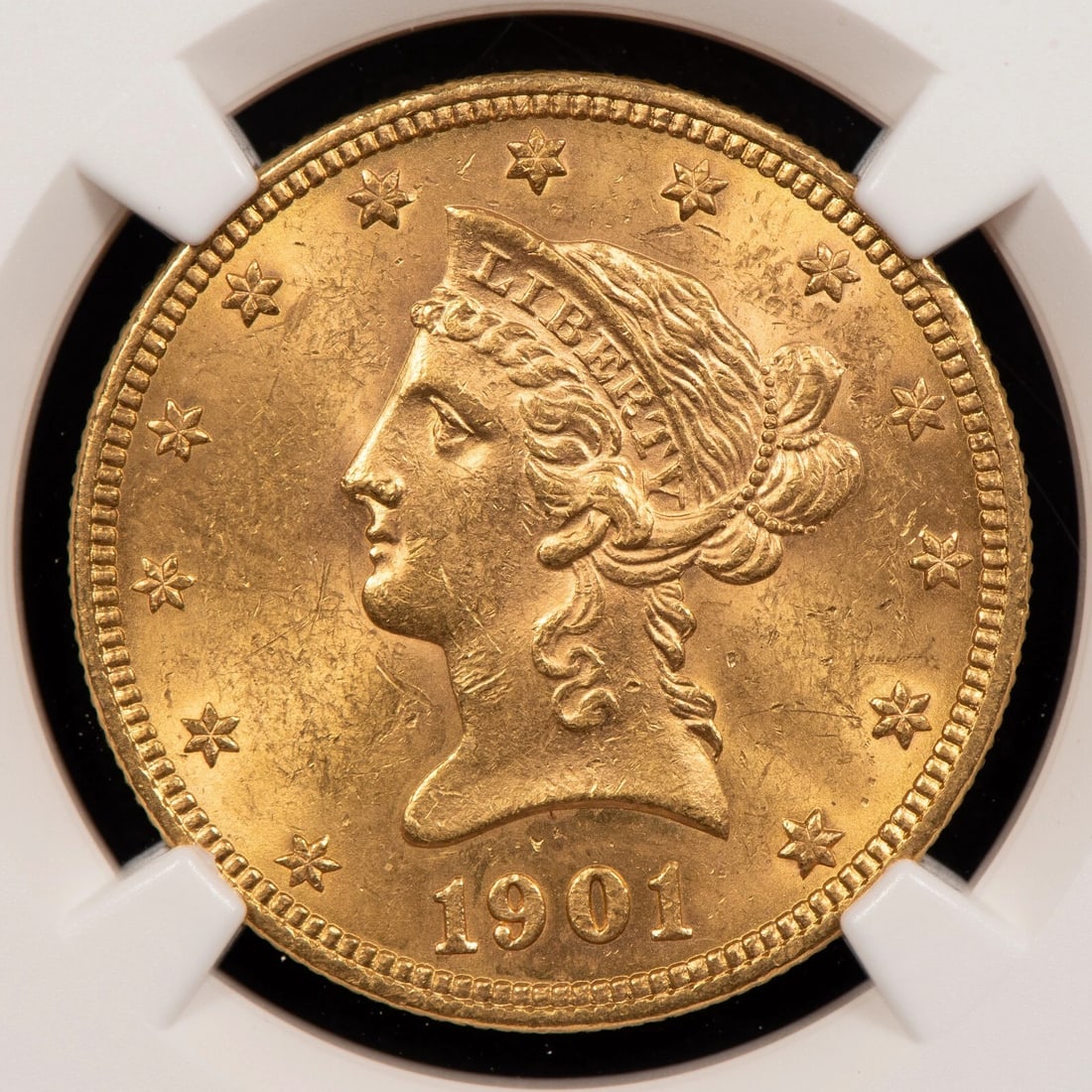 1901 G$10 LIBERTY HEAD GOLD EAGLE: 1901 G$10 Liberty Head Gold Eagle Brand/Mint: U.S. Mint Year: 1901 Fineness: 0.9 Country of Origin: United States Accessories: None Accessories Notice: When purchasing pre-owned goods, please refer