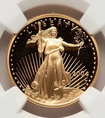 2004-W PROOF GOLD EAGLE 1/4 OZ RED BOOK: 2004-W Proof Gold Eagle 1/4 oz Red Book Year: 2004 Composition: GOLD Denomination: $10 Country of Origin: United States Accessories: None Accessories Notice: When purchasing pre-owned goods, please