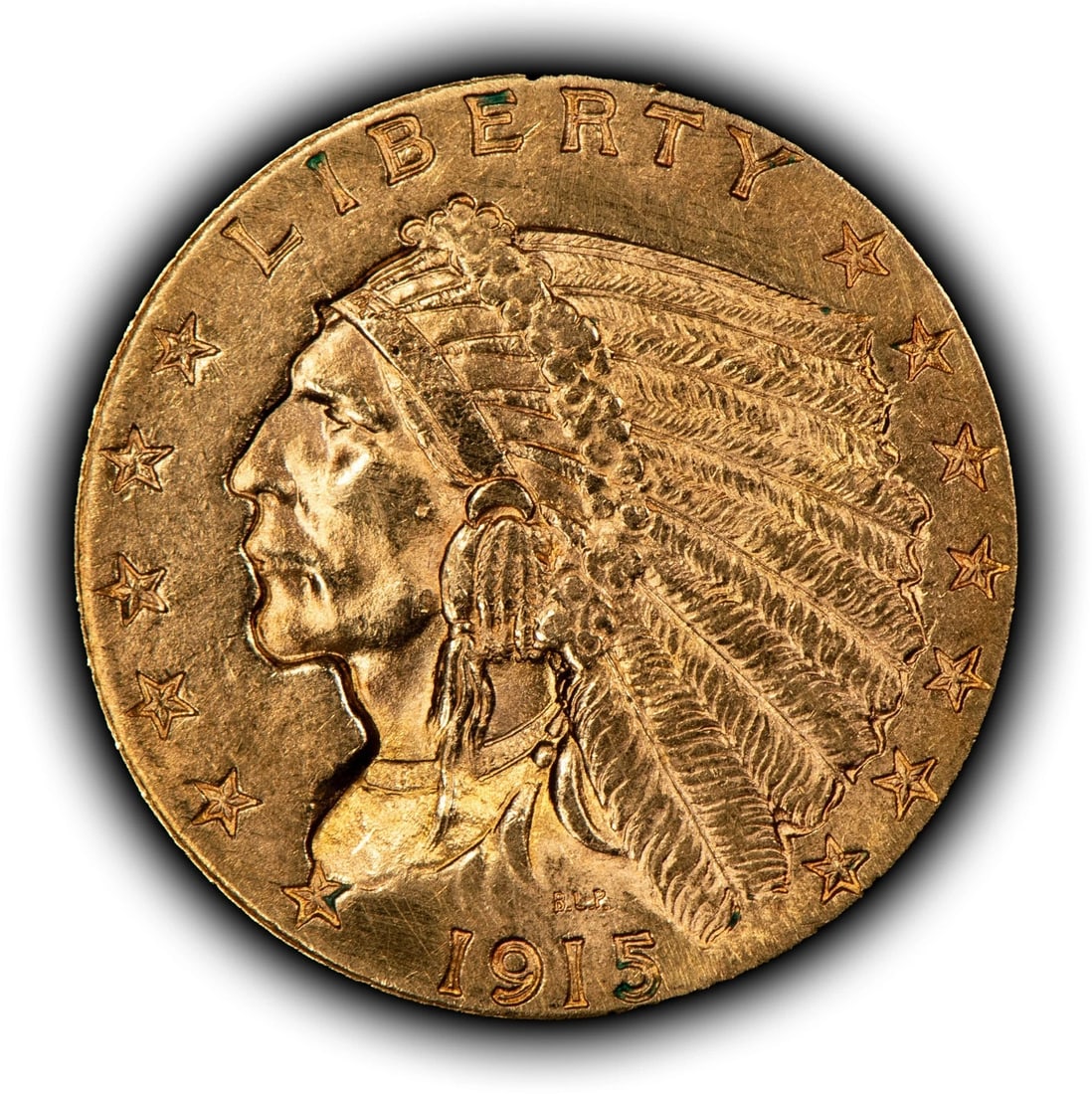1915 G$2.50 INDIAN HEAD GOLD QUARTER EAGLE - LOOKS BU: 1915 G$2.50 Indian Head Gold Quarter Eagle - Looks BU Brand/Mint: U.S. Mint Year: 1915 Fineness: 0.9 Country of Origin: United States Accessories: None Accessories Notice: When purchasing pre-owned