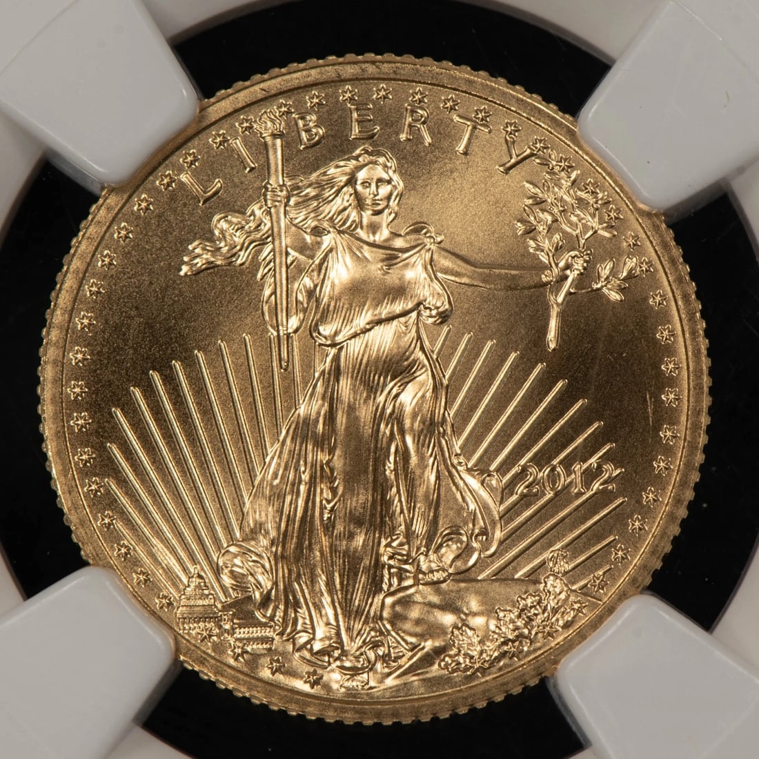 2012 G$10 1/4 OZ GOLD AMERICAN EAGLE: 2012 G$10 1/4 oz Gold American Eagle Brand/Mint: U.S. Mint Year: 2007 Fineness: 0.9167 Country of Origin: United States Accessories: None Accessories Notice: When purchasing pre-owned goods, please