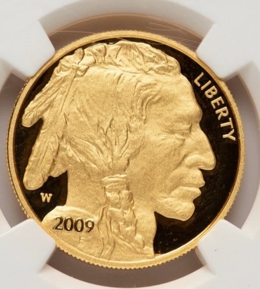 2009-W PROOF GOLD BUFFALO 1 OZ ER BLUE: 2009-W Proof Gold Buffalo 1 oz ER Blue Year: 2009 Composition: GOLD Denomination: $50 Country of Origin: United States Accessories: None Accessories Notice: When purchasing pre-owned goods, please