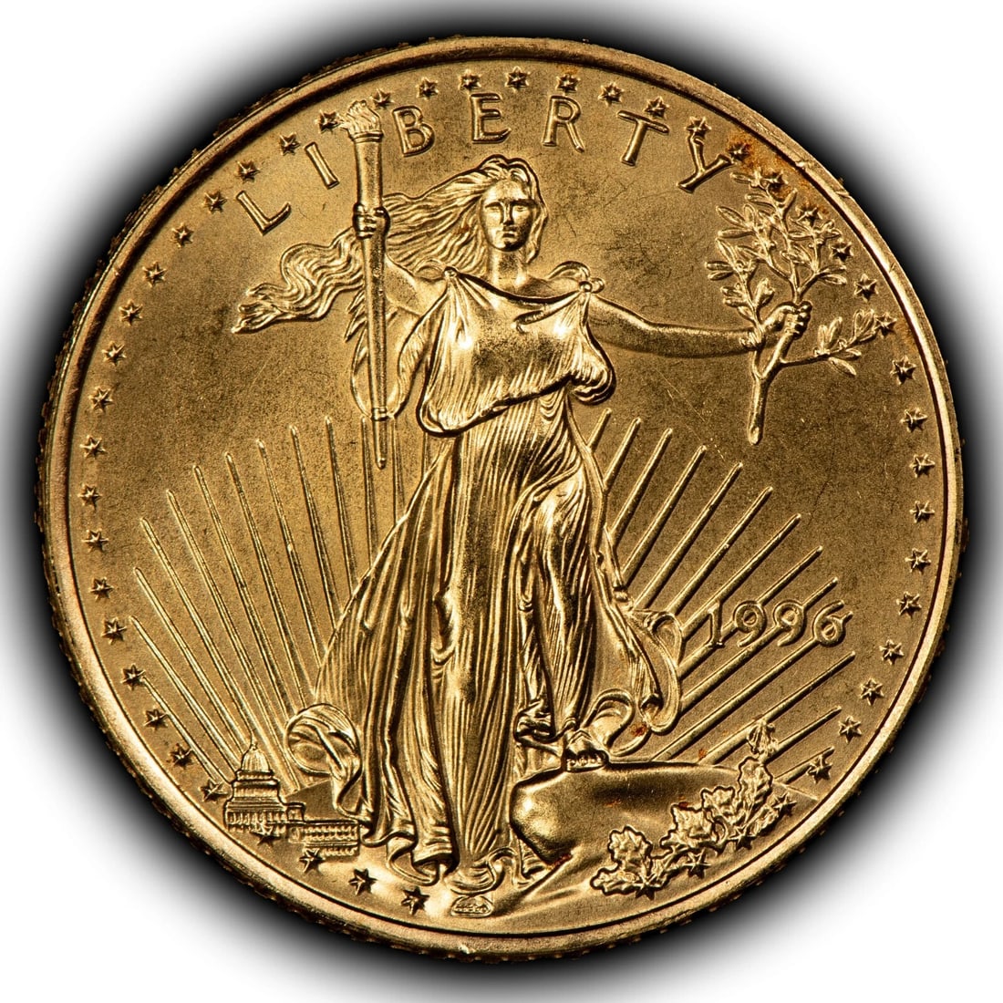 1996 G$10 1/4 OZ GOLD AMERICAN EAGLE: 1996 G$10 1/4 oz Gold American Eagle Brand/Mint: U.S. Mint Year: 1996 Fineness: 0.9167 Country of Origin: United States Accessories: None Accessories Notice: When purchasing pre-owned goods, please