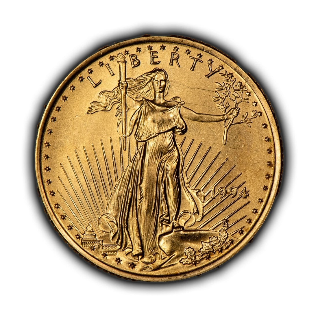 1994 G$10 1/4 OZ GOLD AMERICAN EAGLE: 1994 G$10 1/4 oz Gold American Eagle Brand/Mint: U.S. Mint Year: 1994 Fineness: 0.9167 Country of Origin: United States Accessories: None Accessories Notice: When purchasing pre-owned goods, please