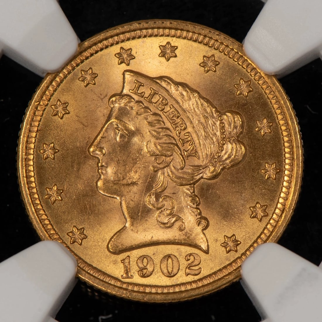 1902 G$2.50 LIBERTY HEAD GOLD QUARTER EAGLE - FROSTY PQ: 1902 G$2.50 Liberty Head Gold Quarter Eagle - Frosty PQ Brand/Mint: U.S. Mint Year: 1902 Fineness: Country of Origin: United States Accessories: None Accessories Notice: When purchasing pre-owned g