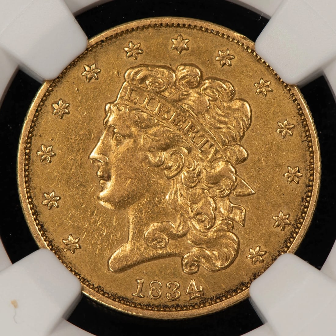 1834 G$5 CLASSIC HEAD GOLD HALF EAGLE SCRIPT 8 CROSS: 1834 G$5 Classic Head Gold Half Eagle Script 8 Cross Brand/Mint: U.S. Mint Year: 1834 Fineness: 0.9 Country of Origin: United States Accessories: None Accessories Notice: When purchasing pre-owned
