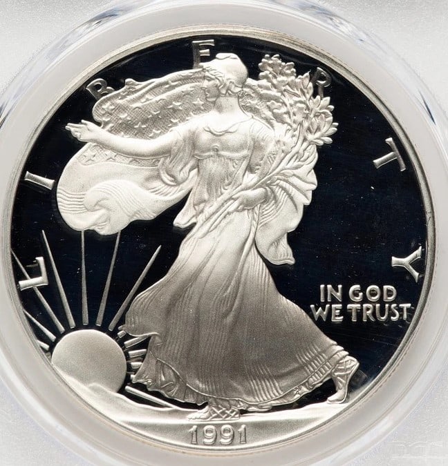 1991-S PROOF SILVER EAGLE 1 OZ TD ROGERS: 1991-S Proof Silver Eagle 1 oz TD Rogers Year: 1991 Composition: Silver Denomination: $1 Country of Origin: United States Accessories: None Accessories Notice: When purchasing pre-owned goods, plea