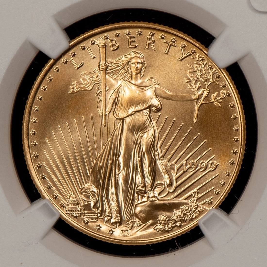 1999 G$25 1/2 OZ GOLD AMERICAN EAGLE: 1999 G$25 1/2 oz Gold American Eagle Brand/Mint: U.S. Mint Year: 1999 Fineness: 0.9167 Country of Origin: United States Accessories: None Accessories Notice: When purchasing pre-owned goods, please