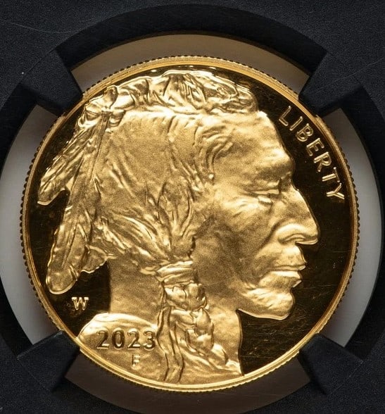2023-W PROOF GOLD BUFFALO 1 OZ ER BLUE: 2023-W Proof Gold Buffalo 1 oz ER Blue Year: 2023 Composition: GOLD Denomination: $50 Country of Origin: United States Accessories: None Accessories Notice: When purchasing pre-owned goods, please