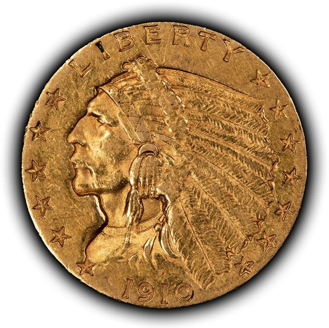 1910 G$2.50 INDIAN HEAD GOLD QUARTER EAGLE: 1910 G$2.50 Indian Head Gold Quarter Eagle Brand/Mint: U.S. Mint Year: 1910 Fineness: 0.9 Country of Origin: United States Accessories: None Accessories Notice: When purchasing pre-owned goods, ple