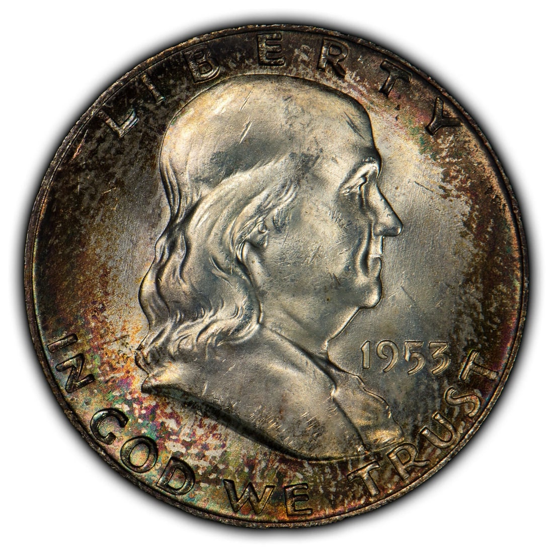 1953-D 50C FRANKLIN HALF DOLLAR - RAINBOW MINT SET TONING: 1953-D 50c Franklin Half Dollar - Rainbow Mint Set Toning Brand/Mint: Denver Year: 1953 Fineness: Country of Origin: United States Accessories: None Accessories Notice: When purchasing pre-owned go