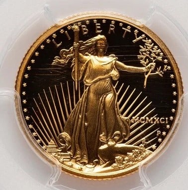 1991-P PROOF GOLD EAGLE 1/4 OZ BLUE GRADIENT: 1991-P Proof Gold Eagle 1/4 oz Blue Gradient Year: 1991 Composition: GOLD Denomination: $10 Country of Origin: United States Accessories: None Accessories Notice: When purchasing pre-owned goods, p