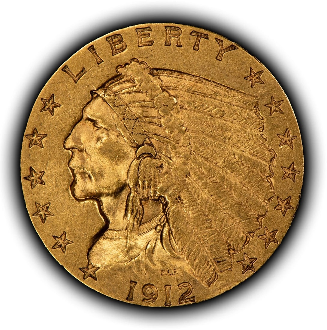 1912 G$2.50 INDIAN HEAD GOLD QUARTER EAGLE: 1912 G$2.50 Indian Head Gold Quarter Eagle Brand/Mint: U.S. Mint Year: 1912 Fineness: 0.9 Country of Origin: United States Accessories: None Accessories Notice: When purchasing pre-owned goods, ple