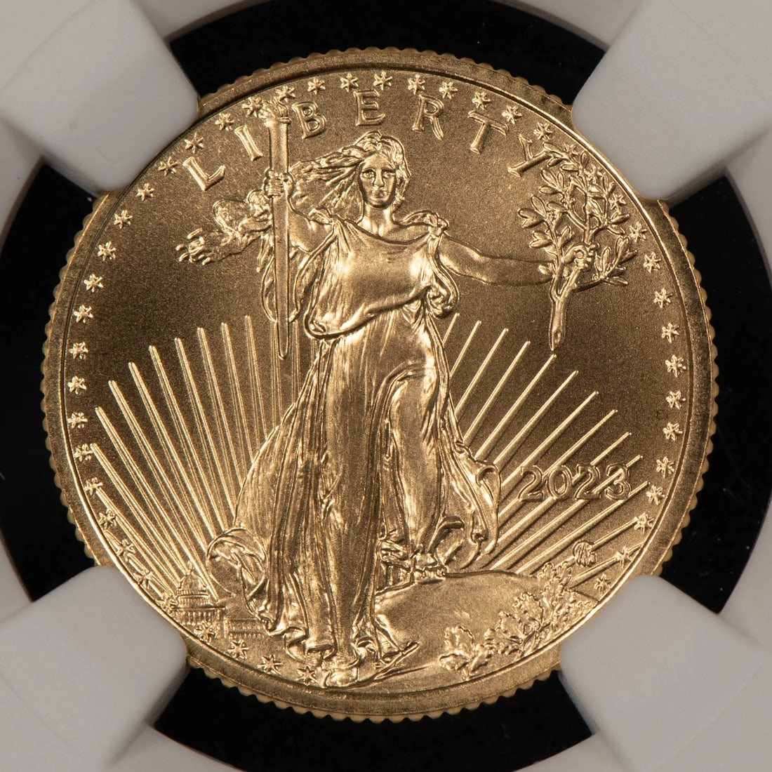 2023 $10 1/4 OZ GOLD AMERICAN EAGLE - DON EVERHART: 2023 $10 1/4 oz Gold American Eagle - Don Everhart Brand/Mint: U.S. Mint Year: 2023 Fineness: 0.9167 Country of Origin: United States Accessories: None Accessories Notice: When purchasing pre-owned