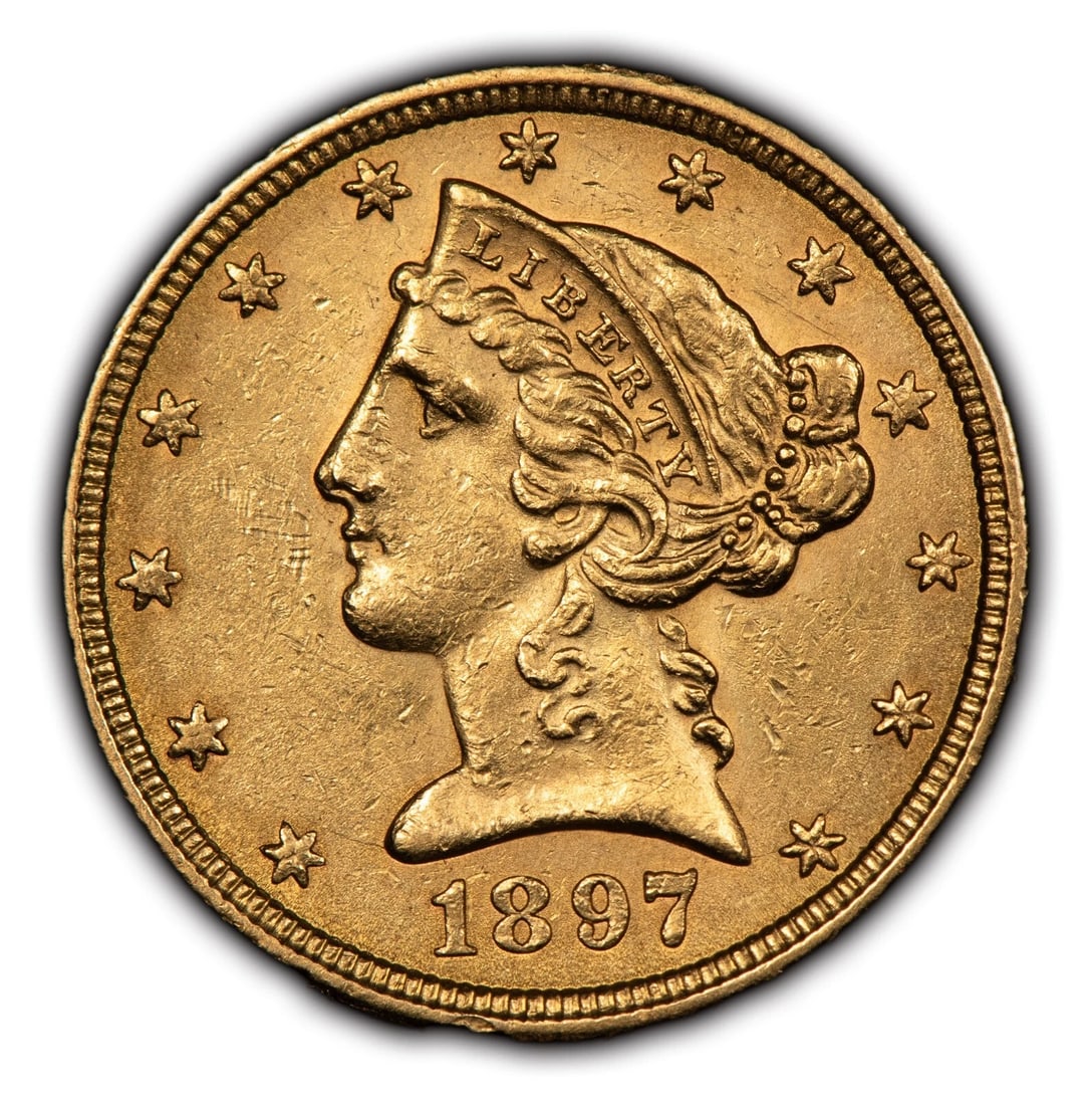 1897 $5 LIBERTY HEAD GOLD HALF EAGLE - LUSTER: 1897 $5 Liberty Head Gold Half Eagle - Luster Brand/Mint: U.S. Mint Year: 1897 Fineness: Country of Origin: United States Accessories: None Accessories Notice: When purchasing pre-owned goods, plea