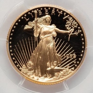 1998-W PROOF GOLD EAGLE 1/4 OZ BLUE GRADIENT: 1998-W Proof Gold Eagle 1/4 oz Blue Gradient Year: 1998 Composition: GOLD Denomination: $10 Country of Origin: United States Accessories: None Accessories Notice: When purchasing pre-owned goods, p
