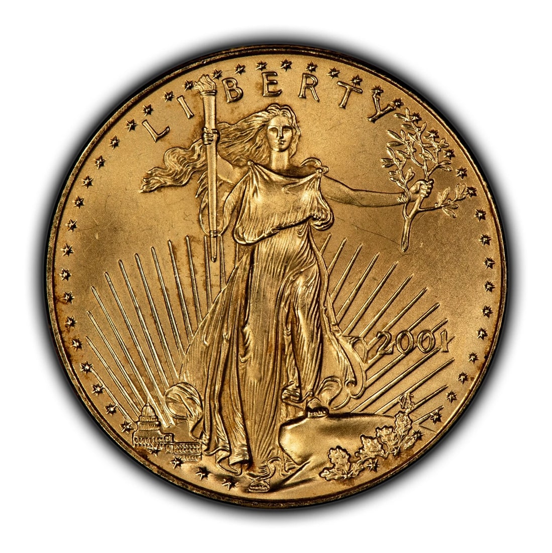 2001 G$25 1/2 OZ GOLD AMERICAN EAGLE: 2001 G$25 1/2 oz Gold American Eagle Brand/Mint: U.S. Mint Year: 1991 Fineness: 0.9167 Country of Origin: United States Accessories: None Accessories Notice: When purchasing pre-owned goods, please