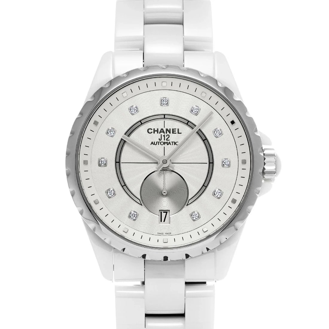 CHANEL J12 SILVER WATCH: Chanel J12 Silver Watch Brand: CHANEL Type/Style: Wristwatch Material: Band Material Ceramic Case Material Sapphire Crystal Color: Dial Color Silver Size: Wrist Size 19cm Case Size 36.5 x 36.5 mm