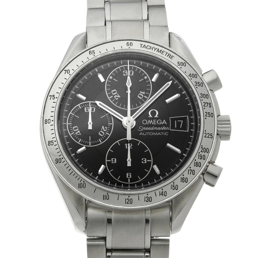 OMEGA SPEEDMASTER DATE BLACK WATCH: Omega Speedmaster Date Black Watch Brand: OMEGA Type/Style: Wristwatch Material: Band Material Stainless Case Material Sapphire Crystal Color: Dial Color Black Size: Wrist Size 18cm Case Size 39 x 39