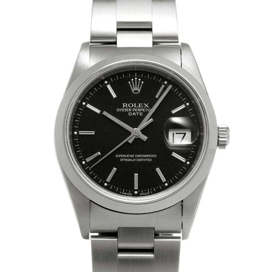 ROLEX OYSTER PERPETUAL DATE BLACK WATCH: Rolex Oyster Perpetual Date Black Watch Brand: ROLEX Type/Style: Wristwatch Material: Band Material Stainless Case Material Sapphire Crystal Color: Dial Color Black Size: Wrist Size 18cm Case Size 34
