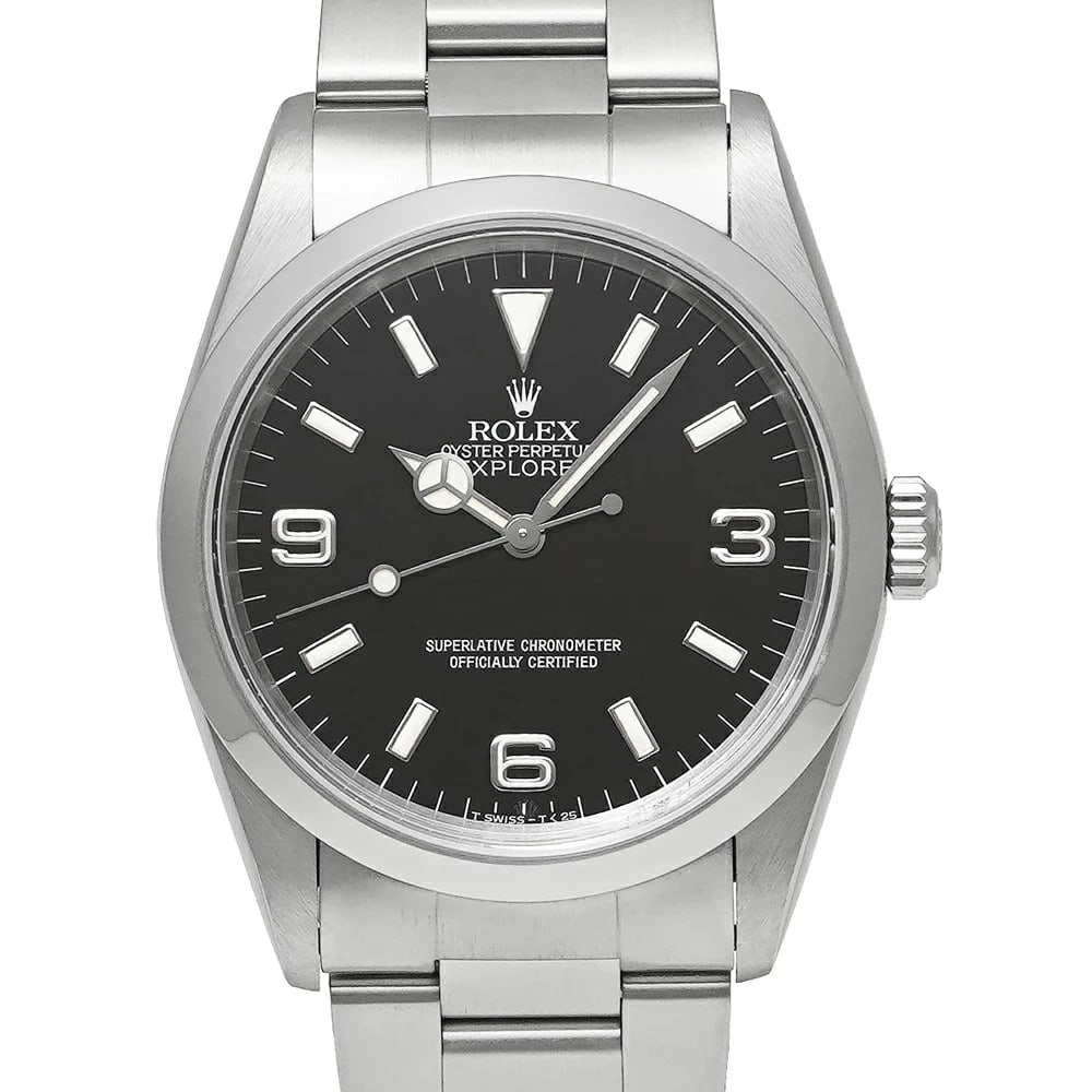 ROLEX EXPLORER BLACK WATCH: Rolex Explorer Black Watch Brand: ROLEX Type/Style: Wristwatch Material: Case Material N/A Band Material Stainless Steel Color: Dial Color Black Size: Case Size 36mm x 36mm Accessories: None