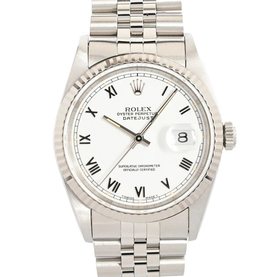 ROLEX DATEJUST WHITE WATCH: Rolex Datejust White Watch Brand: ROLEX Type/Style: Wristwatch Material: Band Material Stainless Steel/White Gold/ Case Material N/A Color: Dial Color White Size: Wrist Size 18cm Case Size 36mm