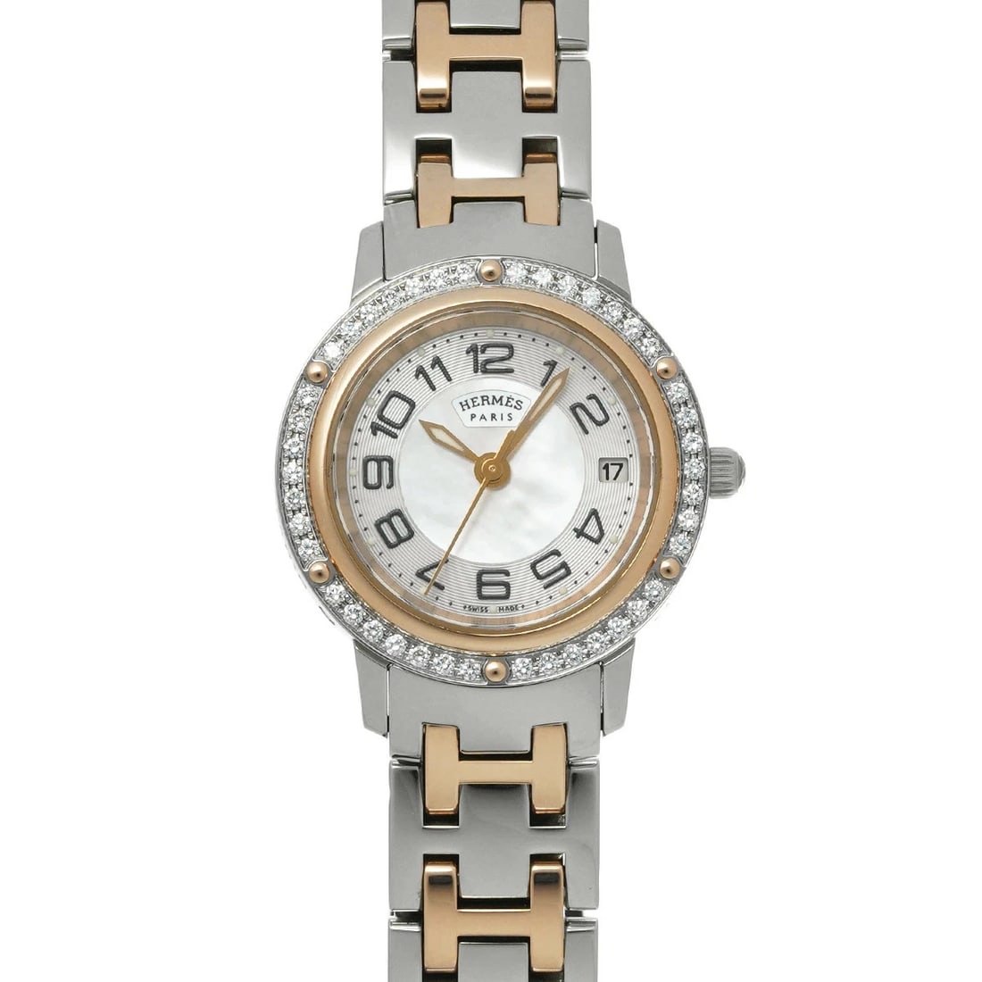 HERMES CLIPPER WHITE WATCH: Hermes Clipper White Watch Brand: HERMES Type/Style: Wristwatch Material: Band Material Stainless Case Material Sapphire Crystal Color: Dial Color White Size: Wrist Size 14.5cm Case Size 24 x 24 mm