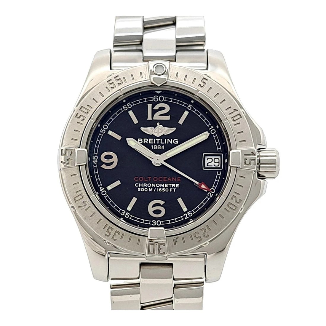 BREITLING BLACK WATCH: Breitling Black Watch Brand: BREITLING Type/Style: Wristwatch Material: Case Material N/A Band Material Stainless Steel Color: Dial Color Black Size: Wrist Size 15.5cm Case Size 33mm Accessories: