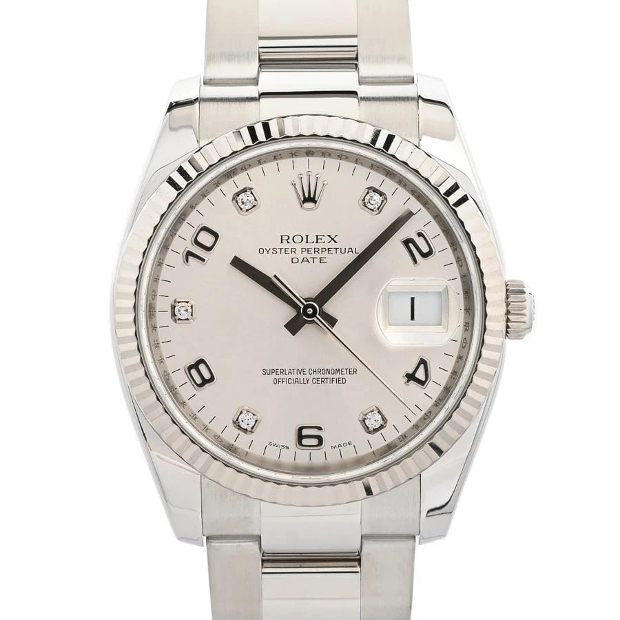 ROLEX OYSTER PERPETUAL DATE SILVER WATCH: Rolex Oyster Perpetual Date Silver Watch Brand: ROLEX Type/Style: Wristwatch Material: Band Material Stainless Steel/White Gold/ Case Material N/A Color: Dial Color Silver Size: Wrist Size 17.5cm Case