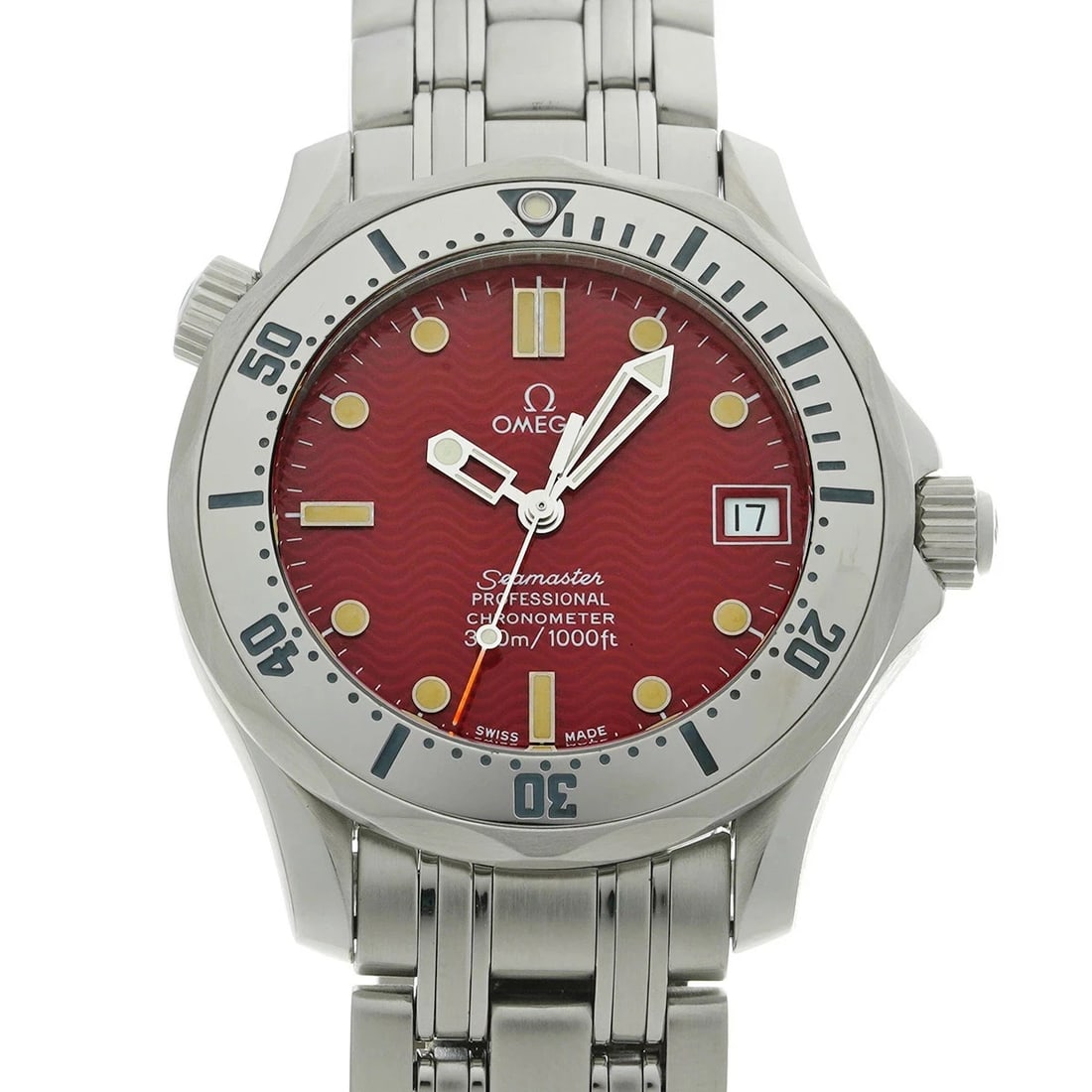 OMEGA WATCH STAINLESS STEEL WATCH: Omega Watch Stainless Steel Watch Brand: OMEGA Type/Style: Wristwatch Material: Band Material Stainless Case Material Sapphire Crystal Color: Dial Color Red Size: Wrist Size 16.5cm Case Size 34.8 x