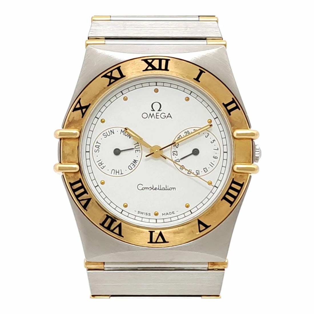 OMEGA WHITE WATCH: Omega White Watch Brand: OMEGA Type/Style: Wristwatch Material: Band Material Stainless Steel, Yellow Gold Case Material N/A Color: Dial Color White Size: Wrist Size 17.5cm Case Size 33mm