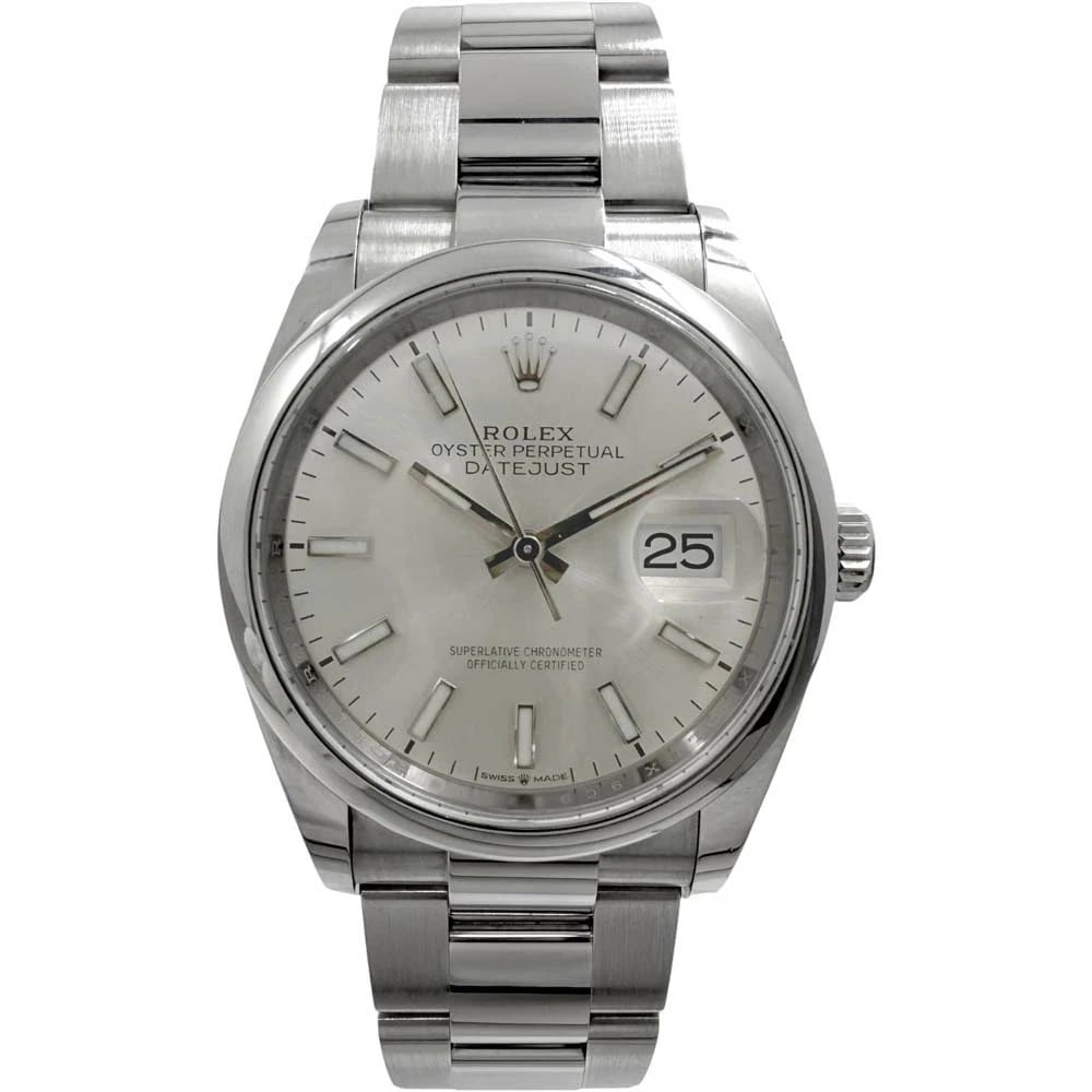 ROLEX DATEJUST SILVER WATCH: Rolex Datejust Silver Watch Brand: ROLEX Type/Style: Wristwatch Material: Case Material N/A Band Material N/A Color: Dial Color Size: Wrist Size 19.5cm Case Size 34mm Accessories: None Accessories