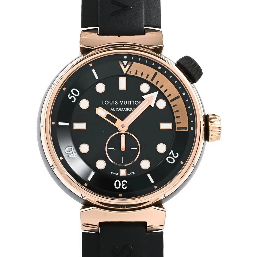 LOUIS VUITTON TAMBOUR BLACK WATCH: Louis Vuitton Tambour Black Watch Brand: LOUIS VUITTON Type/Style: Wristwatch Material: Band Material Stainless Steel/Pink Gold/Rubber Strap Case Material N/A Color: Dial Color Black Size: Case Size